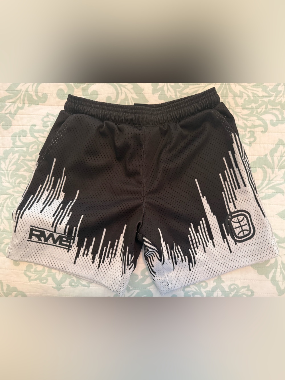 Overtime Black & White Athletic Mesh Shorts with Graphic Detail